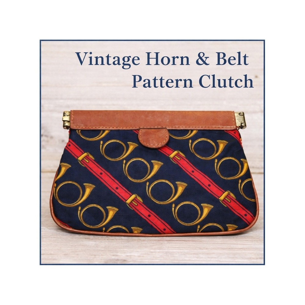 Trafalgar Vintage‎ Horn & Belt Pattern Clutch Navy Blue Leather Trim Equestrian